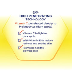 A promotional graphic with text about high penetrating technology and Vitamin C, shown on a yellow-to-white gradient -ROHTO Melano CC Brightening Lotion Rich Moist Vitamin C Toner 170ml-THE COSMETIC STORE NZ