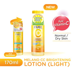 Melano CC Brightening Lotion (Light) 170ml bottle shown in two views: a new yellow bottle and an old orange-packaged version. The image includes text overlays 'NEW', 'Pure Vitamin C', 'Normal / Dry Skin', and 'OLD PACKAGING'.- ROHTO Melano CC Brightening Lotion Rich Moist Vitamin C Toner 170ml-THE COSMETIC STORE NZ