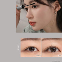 Close-up of a person applying mascara with a brush, followed by 'Before' and 'After' comparisons of eye lashes.