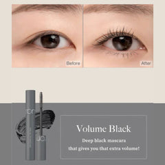 Before and after comparison of eyes with volume black mascara, featuring the mascara product below.