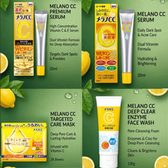 Collage of Melano CC skincare products including serum, mask, and face wash on a green background with lemon slices.- Rohto Melano CC Brightening Mask Sheets 28pcs | The Cosmetic Store