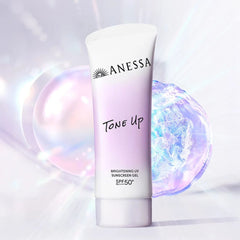 Anessa Tone Up sunscreen gel bottle with a soft- Anessa Brightening UV Sunscreen Gel SPF50+ lightweight sun protection