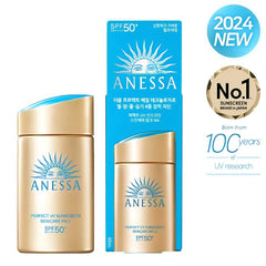 Anessa sunscreen bottle and packaging with 2024 New and No.1 Sunscreen Brand in Japan text.