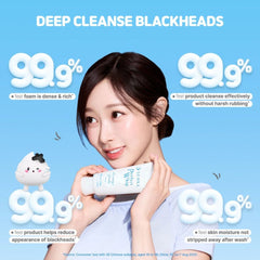 SHISEIDO SENKA Perfect White Clay Face Wash Foam 120g-THE COSMETIC STORE NZ  -Woman holding a skincare product with text claiming deep cleanse blackheads and effectiveness.