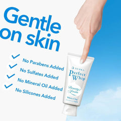 SHISEIDO SENKA Perfect White Clay Face Wash Foam 120g-THE COSMETIC STORE NZ-Tube of Shiseido Perfect Whip Beauty Foam with text highlighting gentle ingredients on a blue background