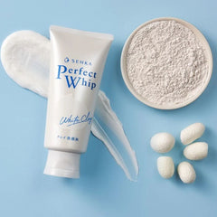 SHISEIDO SENKA Perfect White Clay Face Wash Foam 120g-THE COSMETIC STORE NZ-Senka Perfect Whip White Clay product with white clay powder and clumps 