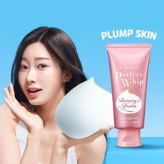 Woman holding a skincare product with 'Plump Skin' text- SHISEIDO Senka Perfect Whip Collagen Facial Foam Cleanser 120g-THE COSMETIC STORE NZ