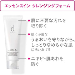 A white cleansing foam tube labeled 'd program' and 'ESSENCE IN CLEANSING FOAM' on a white background with Japanese text callouts describing skincare benefits.