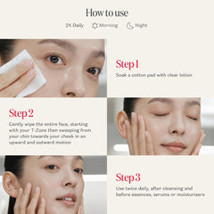 Instructions on how to use a facial toner with step-by-step guidance and images of a person applying it.-Lightweight clear watery texture of SK-II Clear Lotion poured onto a cotton pad for skin exfoliation