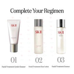 Three SK-II skincare products arranged side by side on a white background with the headline 'Complete Your Regimen' at the top and numbered labels 01, 02, 03 below each item.