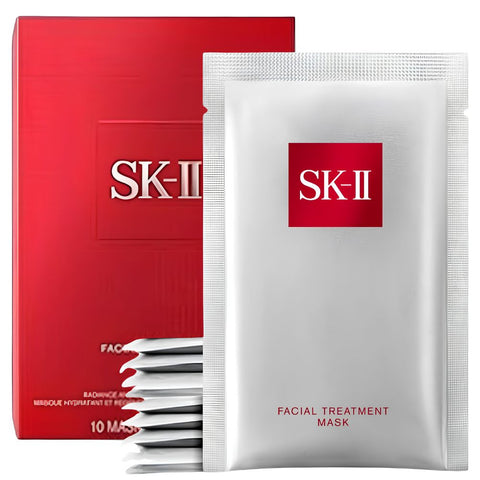 SK-II Facial Treatment Mask set showing a red outer box, a single white single-use mask packet with the red SK-II logo, and a stack of additional white mask packets.
