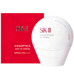 SK-II Genoptics CC Primer in a white dome-shaped bottle next to its vibrant red packaging box- SK-IIGenoptics CC Primer Makeup Base 30g - Rosy Pink-THE COSMETIC STORE NZ