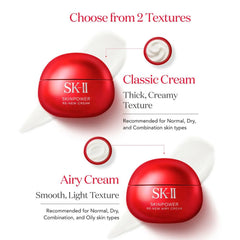 SK-II Skinpower Re-New Cream shown in two texture options: Classic Cream with thick creamy texture and Airy Cream with smooth light texture, both in red spherical jars on a white background with text callouts.- SK-II Skinpower Re-New Airy Cream 50g-The Cosmetic Store NZ.