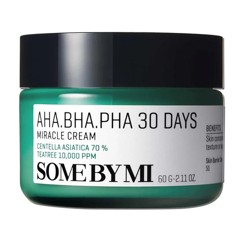 A jar of SOME BY MI AHA/BHA/PHA 30 Days Miracle Cream with green and black packaging.