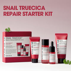 SOME BY MI Snail Truecica travel size skincare kit for damaged skin barrier-Snail Truecica repair starter kit with various skincare products on a light pink background