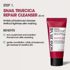 Step 1 SOME BY MI Snail Truecica Low pH Gel Cleanser benefits-SOME BY MI Snail Truecica Repair Cleanser 30 ml tube shown on a light gray background with marketing text and benefits on the left.