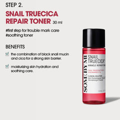Step 2 SOME BY MI Snail Truecica Miracle Repair Toner for dark spots-Snail Truecica Repair Toner 30 ml bottle by Some By Mi on a light gray background with promotional text on the left.