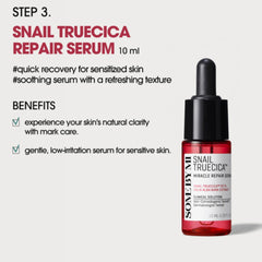 Step 3 SOME BY MI Snail Truecica Miracle Repair Serum for faded acne scars-Some by mi Snail Truecica Repair Serum 10 ml dropper bottle shown on a light gray background with product text and benefits on the left.