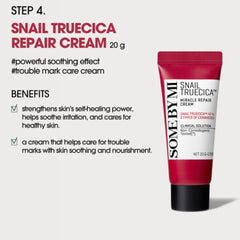 Step 4 SOME BY MI Snail Truecica Miracle Repair Cream skin barrier shield-Some By Mi Snail Truecica Repair Cream 20g tube shown on a light gray background with promotional text detailing benefits and step 4 usage.