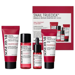 SOME BY MI Snail Truecica Miracle Repair Starter Kit 4-Piece Set for acne scars-SOMEBYMI Snail Truecica Miracle Repair Starter Kit containing a red low pH gel cleanser tube, a red miracle repair cream tube, a red serum bottle, a red dropper bottle, and the red-and-white product box.-THE COSMETIC STORE NZ.