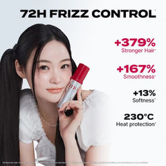 Woman holding a hair product with text on 72-hour frizz control and hair benefits.- Shiseido Fino Premium Touch Hair Oil 70ml-The Cosmetic Store