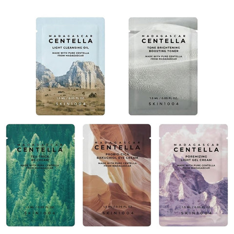 Five skincare product packages from Skin1004 with scenic designs - Discover SKIN1004's bestselling Madagascar Centella skincare with this 5-piece travel kit. Includes cleansing oil, toner, eye cream and moisturizers. Perfect for sensitive skin and travel.