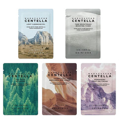 Five skincare product packages from Skin1004 with scenic designs - Discover SKIN1004's bestselling Madagascar Centella skincare with this 5-piece travel kit. Includes cleansing oil, toner, eye cream and moisturizers. Perfect for sensitive skin and travel.