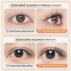 Comparison of short sparse lashes and natural curled lashes with text indicating product benefits.