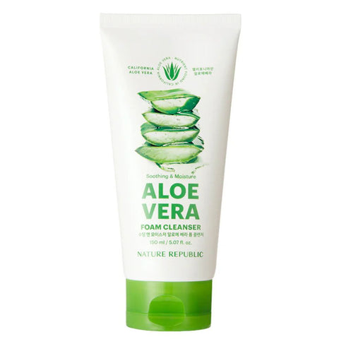 Aloe vera foam cleanser tube with green aloe vera slices on a white background