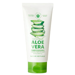 Aloe vera foam cleanser tube with green aloe vera slices on a white background