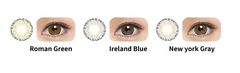Three contact lens color options displayed with corresponding eye color on a white background.