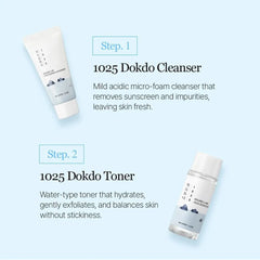 ROUND LAB 1025 DOKDO TRIAL KIT (Cleanser 30ml + Toner 20ml + Ampule 10ml + Cream 20ml), available at The Cosmetic Store NZ