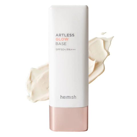 Heimish Artless Glow Base bottle with a swatch of cream on a white background