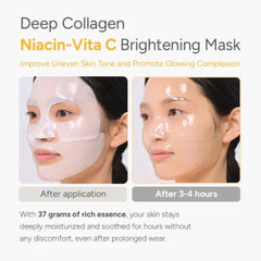 Advertisement for a Deep Collagen Niacin-Vita C Brightening Mask showing before and after effects on skin.-SUNGBOON Deep Collagen Niacin-Vita C Brightening Mask Pack-THE COSMETIC STORE NZ