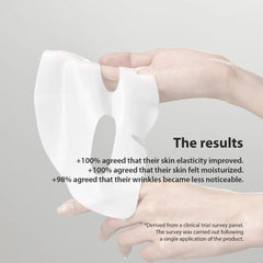 Hand holding a white face mask with text about skin elasticity, moisturization, and wrinkles.- SUNGBOON Deep Collagen Power Boosting Mask Pack-THE COSMETIC STORE NZ
