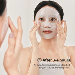 Woman applying a face mask with text indicating absorption after 3-4 hours. -SUNGBOON Deep Collagen Power Boosting Mask Pack-THE COSMETIC STORE NZ