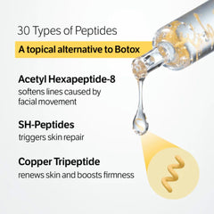 Advertisement for peptides with a dropper and text about types of peptides and their effects.