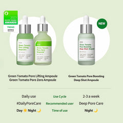 Three skincare ampoules with product details -SUNGBOON EDITOR Green Tomato Pore Boosting Deep Shot Ampoule 30ml-THE COSMETIC STORE NZ