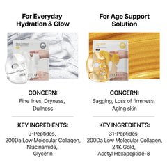 Two types of face masks with ingredients and benefits listed -SUNGBOON EDITOR Silk Peptide EGF Intensive Gold Mask 4ea