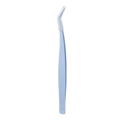 Blue dental tool with a white handle on a white background