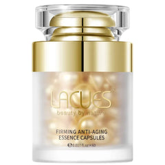Lacues firming anti-aging essence capsules with gold cap on a white background
