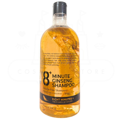 Bottle of 8 Minute Ginseng Shampoo on a white background