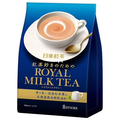 Royal Milk Tea package with a cup of tea on a blue background