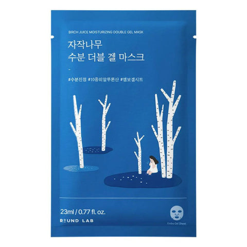 ROUND LAB Birch Juice Moisturizing Double Gel Mask Sheet 23ml x1 Ea-Blue packaging of a facial mask with white birch tree illustration and text