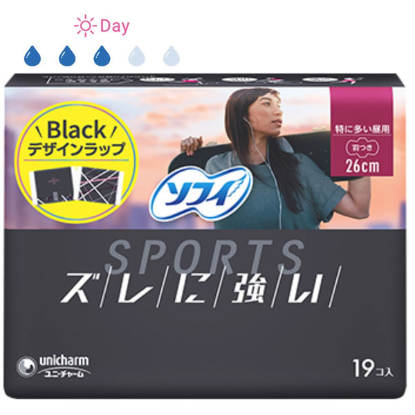 Sofy Sports Sanitary Napkins Slip-resistant Heavy Menstrual Flow Daytime Use With Wings 26cm 19pieces