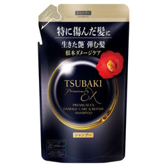 Tsubaki shampoo packaging with a red flower on a white background