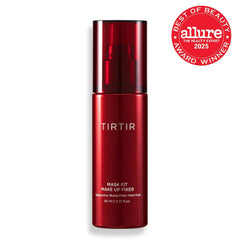 Red skincare bottle with 'TIRTIR' branding and Allure Best of Beauty 2025 award on a white background