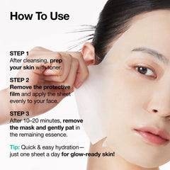 Anua PDRN Hyaluronic Acid Capsule 100 Serum Mask Sheet 1 ea-Instructions on how to use a facial mask with a close-up of a person applying it.