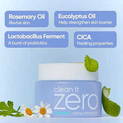 Cleansing balm with ingredients listed Banila Co Clean It Zero balm for sensitive skin soothing cleansing