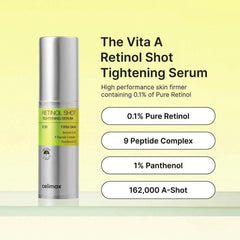 Vita A Retinol Shot Tightening Serum bottle with product details on a light yellow background